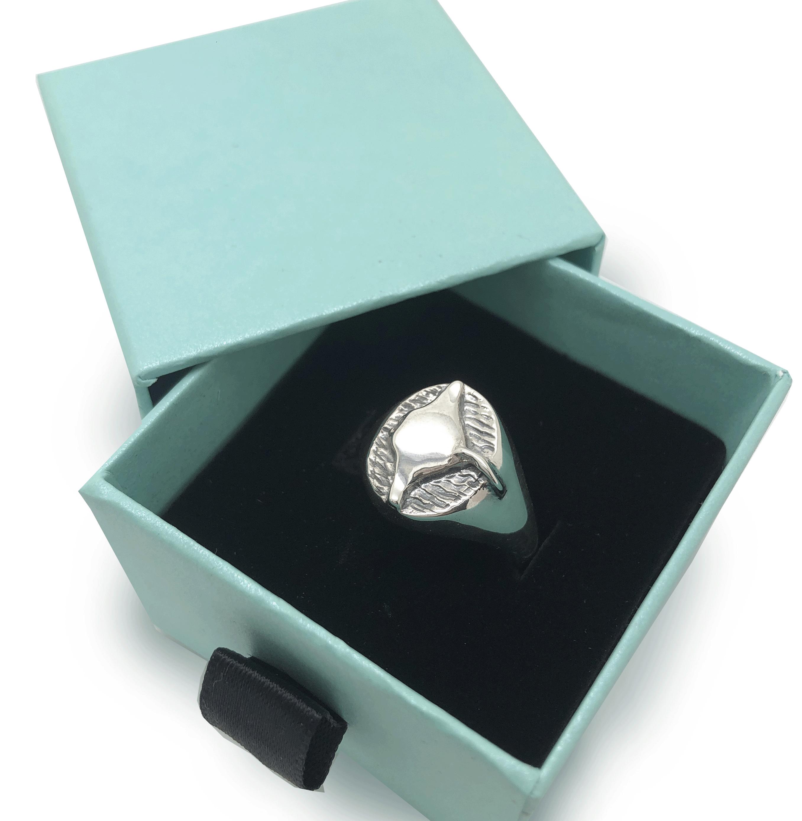silver manta ray signet ring in gift box